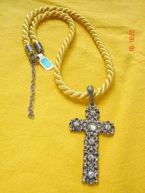 Dirndlkette Kordelkette Kordel gelb großes Kreuz mit Kristall Trachtenkette