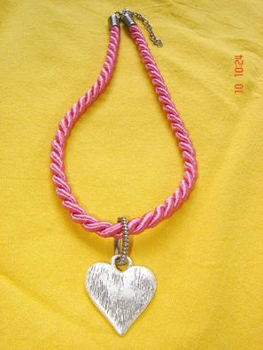 Dirndlkette Kordelkette Kordel rosa Herz hellversilbert Trachtenkette