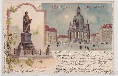 60074 Ak Lithographie Gruß aus Dresden Lutherdenkmal und Frauenkirche 1899