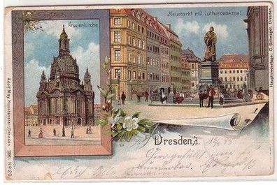 58825 Ak Lithographie Dresden Frauenkirche, Neumarkt mit Lutherdenkmal 1898