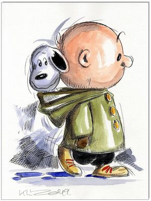 Klausewitz: Original Feder und Aquarell : Charlie & Snoopy rainydays / 24x32 cm