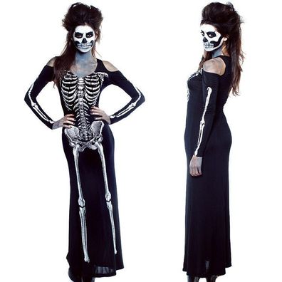 Sexy Halloween Bone Skeleton Skelet Totenkopf Kostüm Kleid Toten S-L Hexe