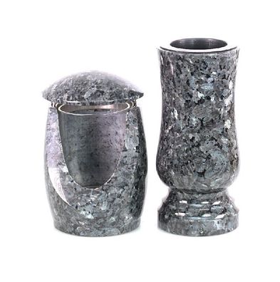 Grabvase und Grablampe Blumenvase Grabschmuck aus Granit Labrador