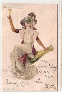 59973 Neujahrs Ak Frau mit Glas in der Hand sitzt auf Sektflasche 1901