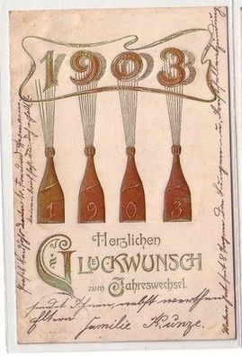 59857 Neujahrs Präge Ak 4 Sektflaschen mit Jahreszahl 1903