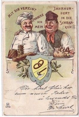 59093 Humor Ak Lithographie Bäcker und Fleischer 1901