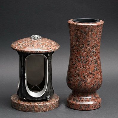 Grablampe Grabvase Set Vase Grabschmuck Granit + Grablicht aus Granit Imperial