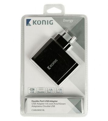 USB-Adapter, universal, USB Ladegerät, Netzteil 2.4A- 2x-Anschluss, schwarz