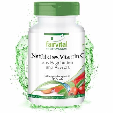 Natürliches Vitamin C aus Acerola u. Hagebutten - 180 Kapseln - vegan - fairvital