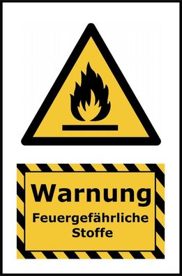 Kombi-Warnschild Feuergefährliche Stoffe Kunststoff + Klebepads EU-Norm 13x20 cm