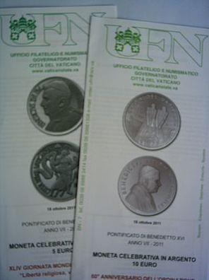 2 Folder 5 + 10 euro 2011 Silber PP Vatikan