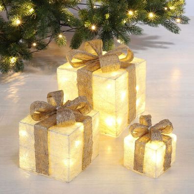 LED Geschenk Boxen 3er Set - CREME - Weihnachten Deko Beleuchtung Timer Batterie