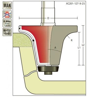 Abrund/ Fasenfräser R 12,7 x 18° x S 12mm, mit Lager , für Corian