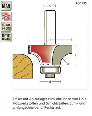 Abrundfräser D 44,4 x R 14,2 x Schaft 12mm, mit Anlauflager