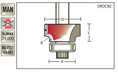 Abrundfräser R 1 x D 18,7 x Schaft 6mm, mit Anlauflager