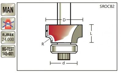 Abrundfräser R 2 x D 18,7 x Schaft 8mm, mit Anlauflager