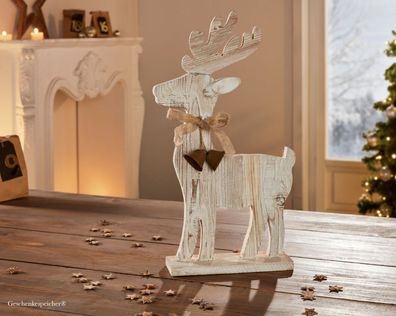 Elch Deko Holz Figur Rentier Naturholz Creme Weiss Glocke Advent Weihnachten H.42 cm