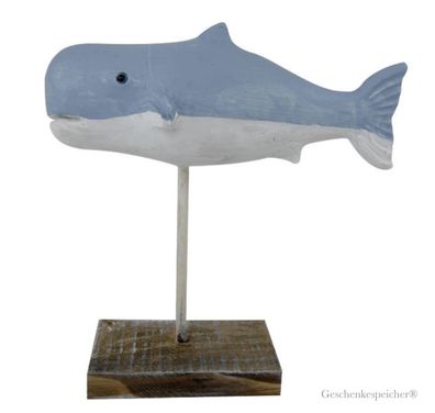 Maritime Deko Fisch auf Holzständer Material Polyresin Farbe Blau Weiss H.19 cm