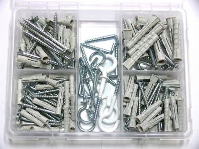 Dübelsortiment 148-teilig , 6 / 8mm , mit Bohrer, Rundhaken, Ösenschrauben