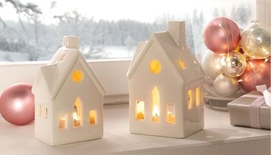 2 Teelicht Häuser Set Lichthaus Keramik Weiss Winter Deko Fenster Advent 15/13cm