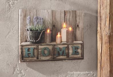 Leinwand Wandbild Deko Bild Home Sweet Home Keilrahmen LED Kerzenschein 40 x 30 cm