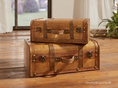 Koffer Vintage Holz Dekoration Kolonial Truhe Riemen Griffe Set 2 Stück 42/35 cm