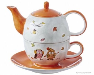 Tea For One Set Kuschelzeit Eulen Orange Mila Design Kanne Tasse Teller 400 ml Tee