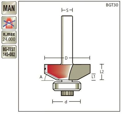 Fasenfräser 60° x Schaft 8mm , Anlauflager 16mm