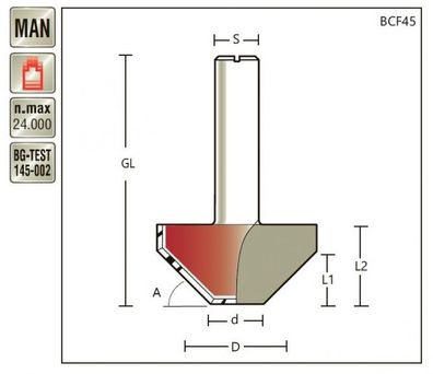 Fasenfräser D 19 x 80° x Schaft 8mm, ohne Lager