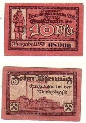 10 Pfennig Banknote Notgeld Braunkohlenwerke AG Rositz 1922