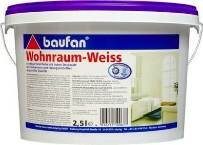 Baufan Wohnraum-Weiss 2,5 l Innen-Wandfarbe waschbeständige Dispersionsfarbe