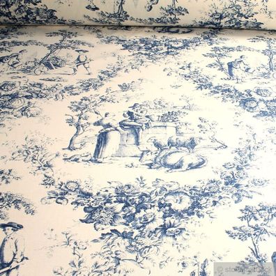 Stoff Baumwolle Rips Toile de Jouy Rosen ecru blau ländlich 280 cm breit