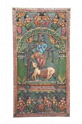 INDIA Holzwand Panel auf dem Krishna Bansuri spielt geschnitzt
