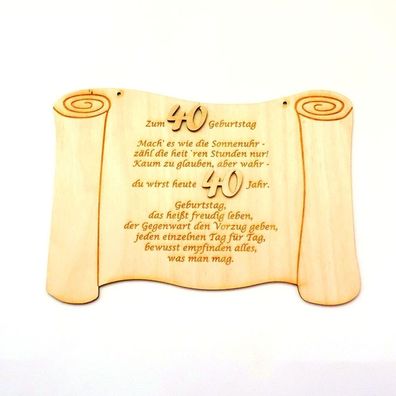 Geschenk zum 40. Geburtstag, .. du wirst heute 40 Jahr.-gravierte Holztafel Sonnenuhr