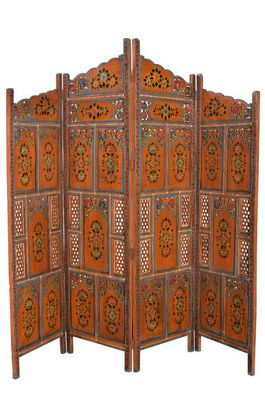 Breiter, hoelzener Paravent mit indischer Malerei
