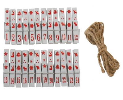 Adventskalender Wäscheklammer - 24 nummerierte Klammern mit Seil
