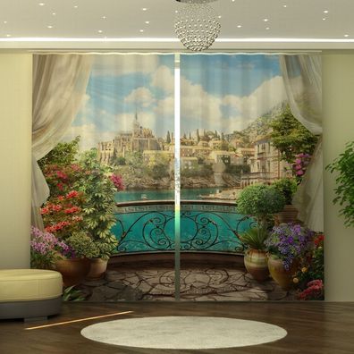 Fotogardine Balkon, Vorhang 245x290 cm, Fotovorhang 3D, Fertiggardine mit Motiv