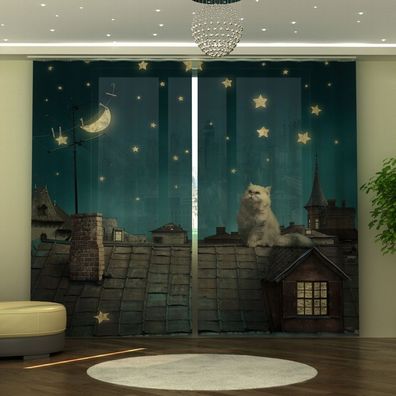 Fotogardine Katze, Vorhang 245x290 cm, Fotovorhang 3D, Fertiggardine mit Motiv