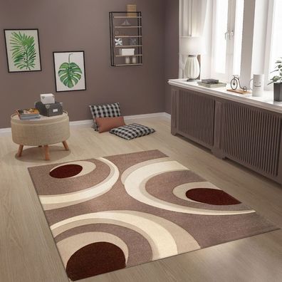 Moderner Designer Teppich Kreis, Handgeschnittene Konturen in Beige / Braun