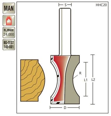 Halbstab-Profilfräser D 22 x R 18 x Schaft 8mm