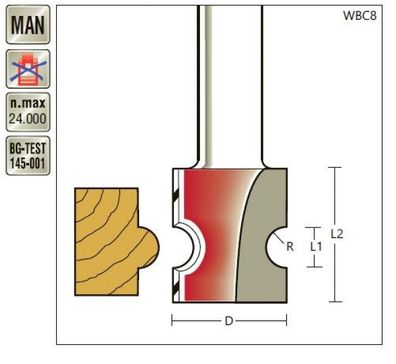 Halbstabfräser D 21 x R 3 x Schaft 12mm , verlängerte Schneide