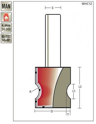 Halbstabfräser D 30 x R 9 x Schaft 12mm , flache Kehle