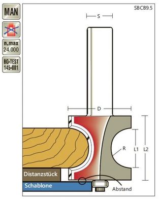 Halbstabfräser D 31 x R 9,5 x Schaft 12mm , mit Anlauflager