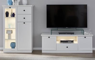 Wohnzimmer-Kombination Landhaus weiß 2-teiliges Set TV-Unterteil und Highboard ...