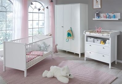 Babyzimmer Landhaus weiß komplett Set 4-teilig Wickelkommode Babybett Kleiderschra...