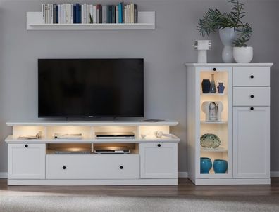 Wohnzimmer-Kombination Landhaus weiß 3-teiliges Set TV-Unterteil, Wandregal und ...