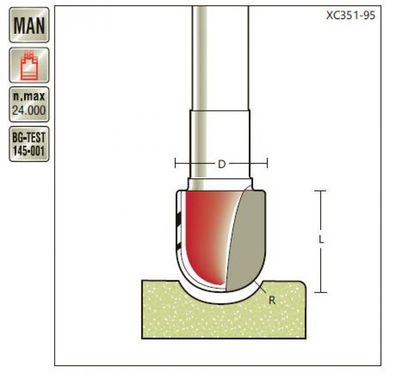 Hohlkehlfräser D 12 x R 6 x Schaft 12mm , für Corian