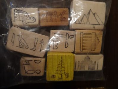 9 x Holz-Stempel Hyroglyphen Ägypten Pyramiden von ca 2x2 bis ca 3x4 cm