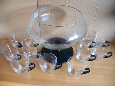 Bowle-Set / 11 Bowlegläser und Bowletopf auf grünem Fuß / Glas Friedrich Kristall