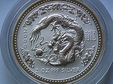 2$ 2000 Australien Lunar Drache 2 Unzen Silber 62,2g Silber in Original-Münzdose